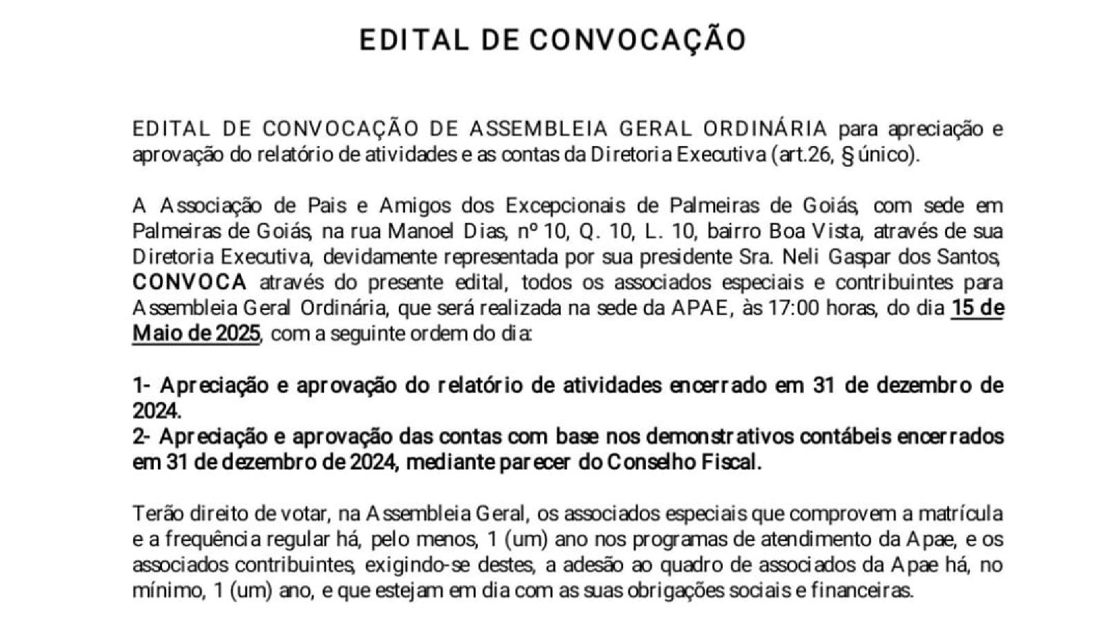 EDITAL DE CONVOCAÇÃO DE ASSEMBLEIA GERAL EXTRAORDINÁRIA | MAIO 2025