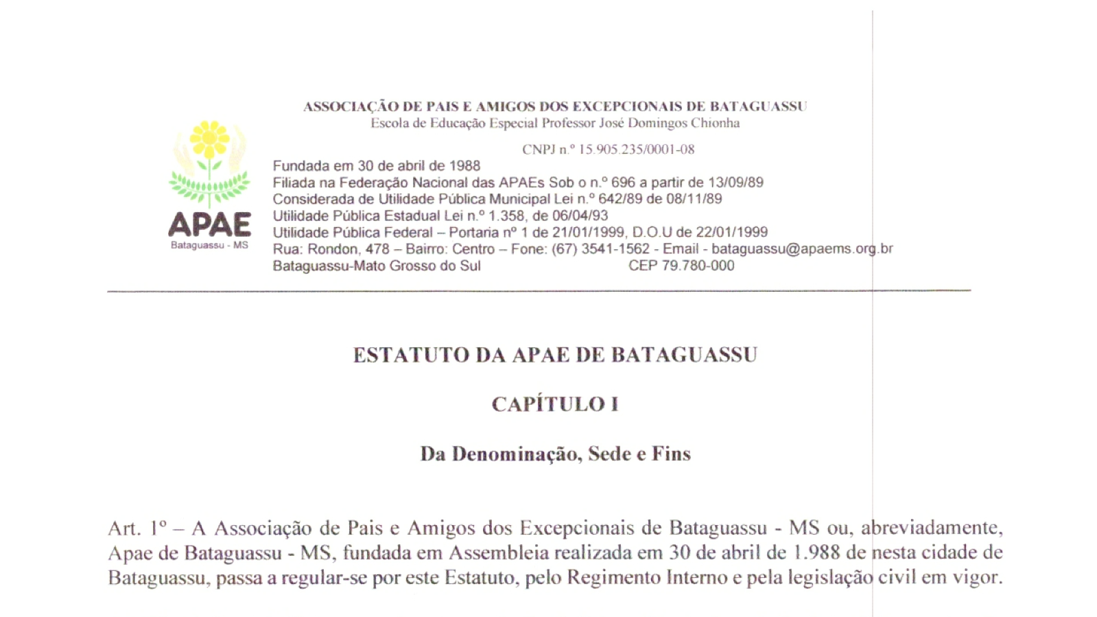 ESTATUTO DA APAE DE BATAGUASSU - MS