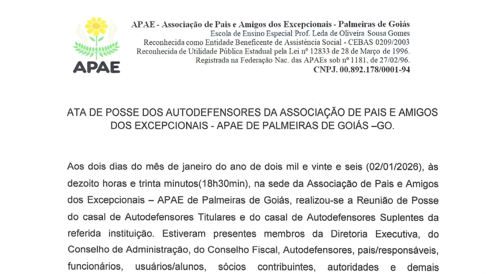 ATA DE POSSE DOS AUTODEFENSORES DA APAE DE PALMEIRAS DE GOIÁS