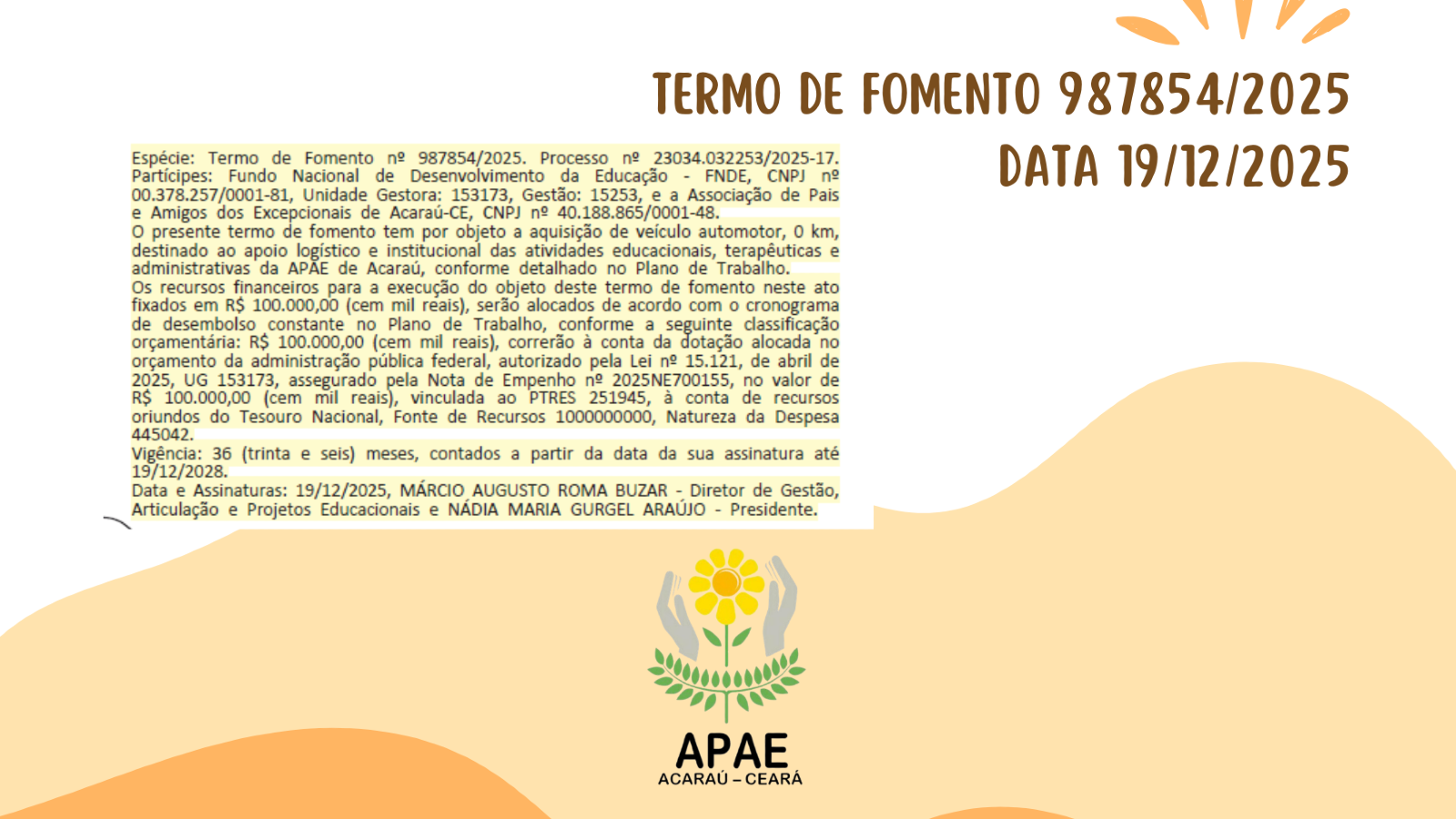 Transparência: Termo de Fomento nº 987854/2025 – APAE de Acaraú
