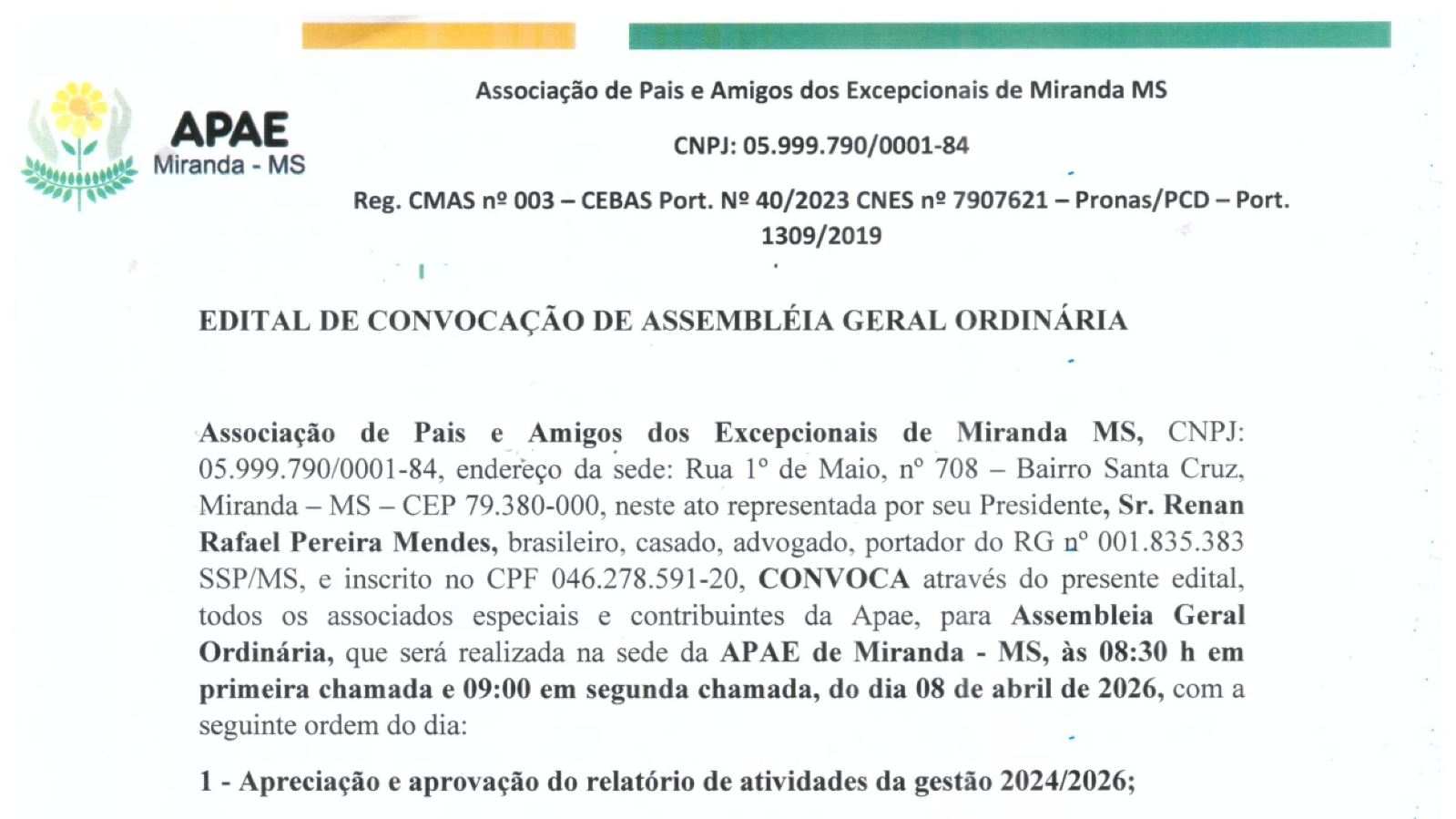 EDITAL DE CONVOCAÇÃO DE ASSEMBLEIA GERAL ORDINÁRIA