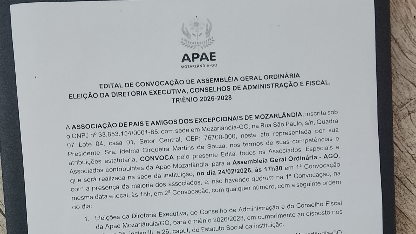 EDITAL DE CONVOCAÇÃO ASSEMBLEIA GERAL ORDINÁRIA (AGO), ELEIÇÃO DA DIRETORIA GESTÃO 2026/2028